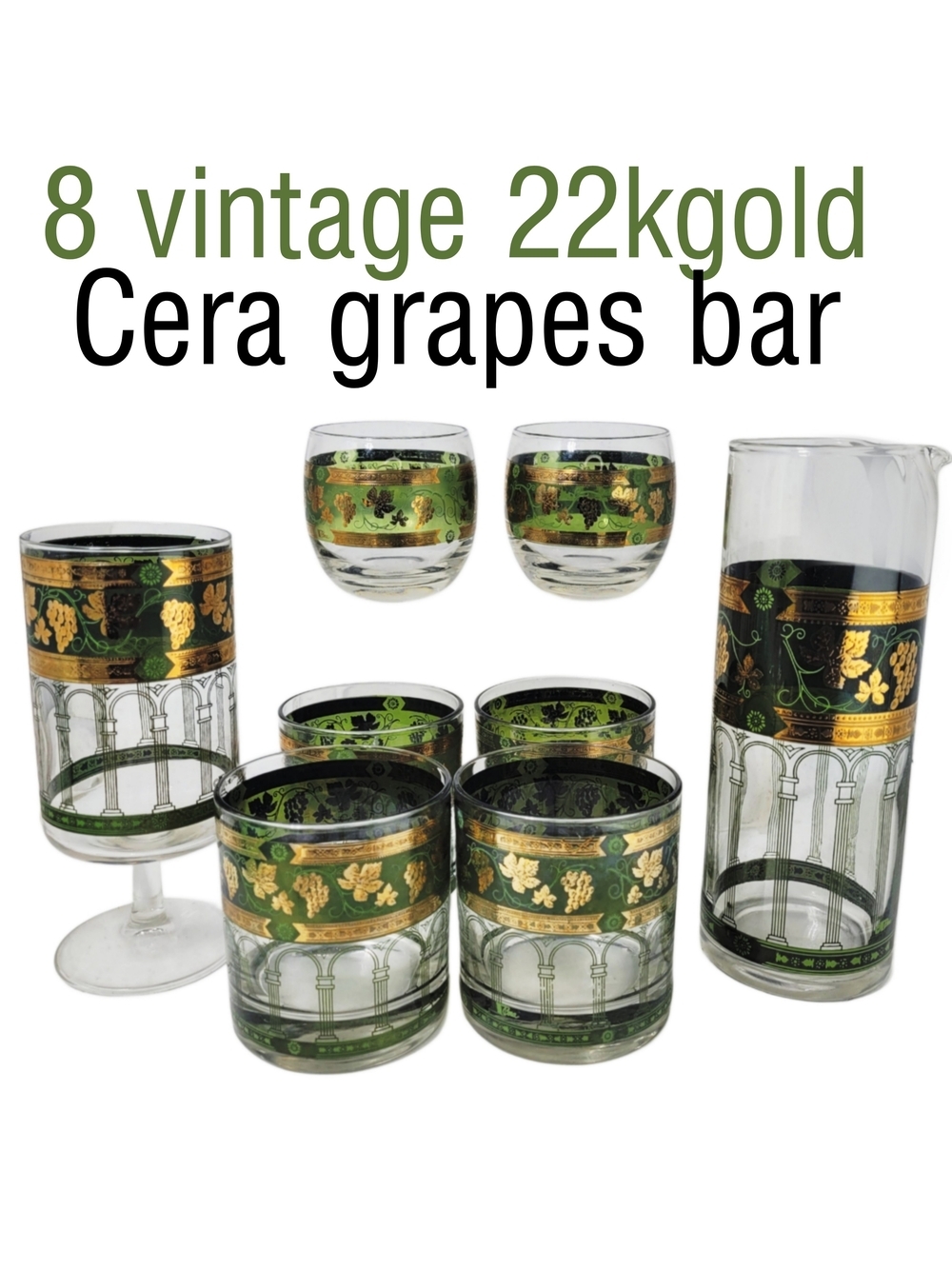 1960s Cera "Golden Grapes" 22k Gold Martini Pitcher & 7 Glass Mint Condition